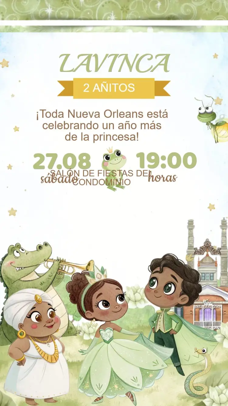 Invitación Invitación Cumpleaños Princesa Tiana y el Sapo – tema Cumpleaños Infantil colores vibrantes, estilo de dibujos animados, elementos de la naturaleza, detalles encantadores, inspirado en cuentos de hadas