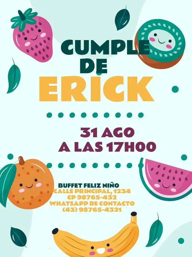 Invitación Celebración Infantil Fruta Verde editable y personalizable