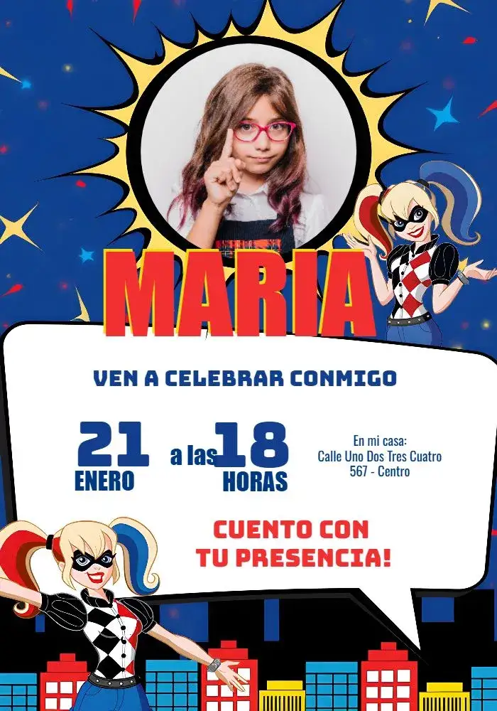 Invitación Arlequina Con Foto Película – tema Cumpleaños Infantil colorido, cómics, moderno, divertido, temático