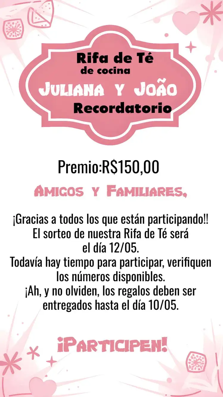 Recordatorio Sorteo de Cocina Pizarra Rosa
