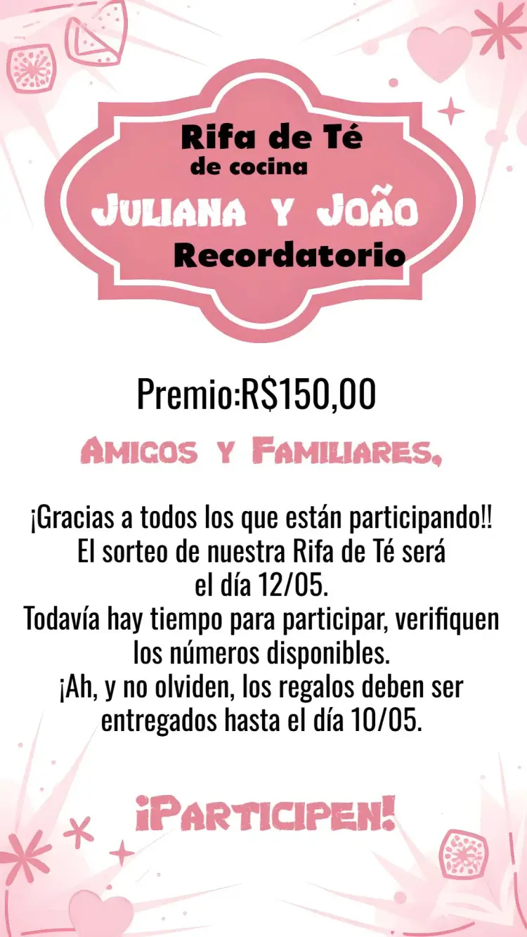 Invitación Recordatorio Sorteo de Cocina Pizarra Rosa