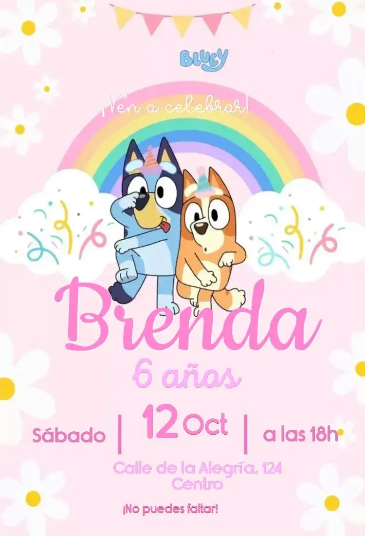 Invitación Rosado azul – tema Cumpleaños Infantil flores, pastel, lúdico, femenino, colorido, infantil