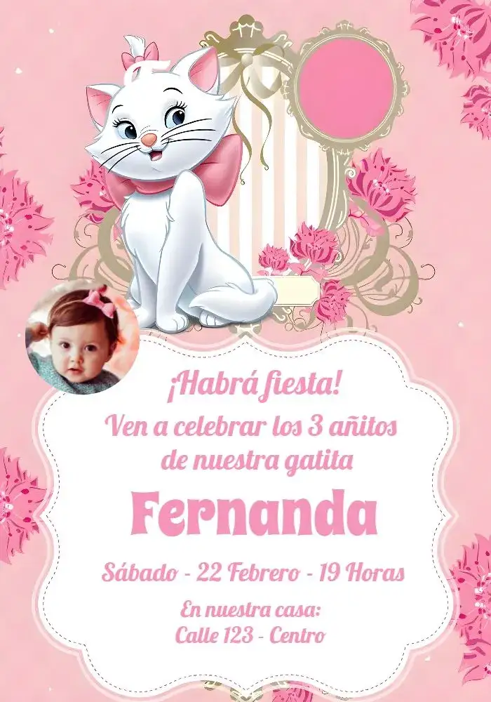 Invitación Gatita Marie Con Foto Lazo – tema Más buscados floral, delicado, rosa, dorado, infantil, femenino