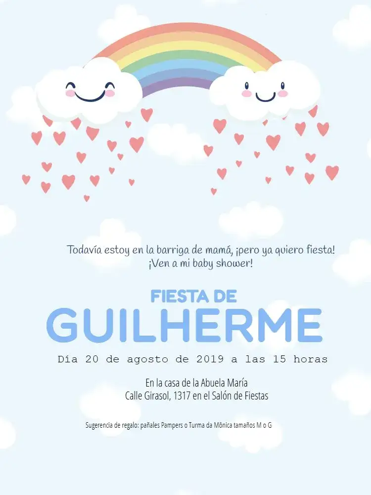 Invitación Lluvia De Amor Celebración – tema Baby Shower nubes, arcoíris, tonos azules, ilustraciones infantiles, diseño moderno, estilo ligero