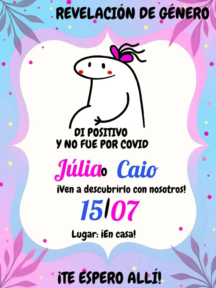 Invitación Baby Shower Flork Azul – tema Revelación Bebé azul, blanco, divertido, moderno, colorido