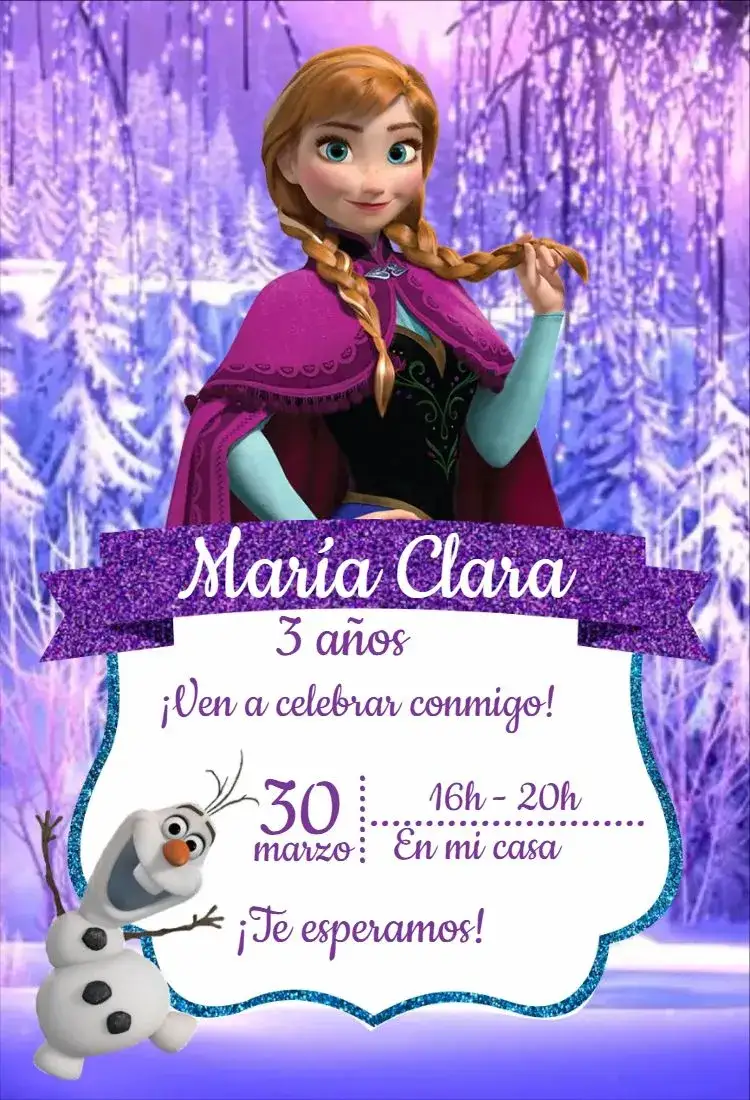 Invitación Anna Frozen 1 – tema Cumpleaños hielo, nieve, azul claro, blanco, fantasía, temático