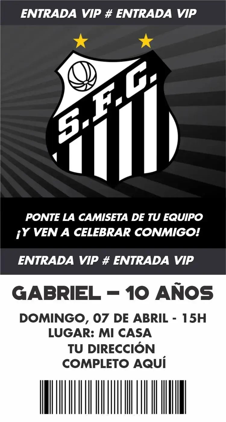 Invitación Entrada Santos – tema Cumpleaños fútbol, moderno, colorido, deportivo, dinámico