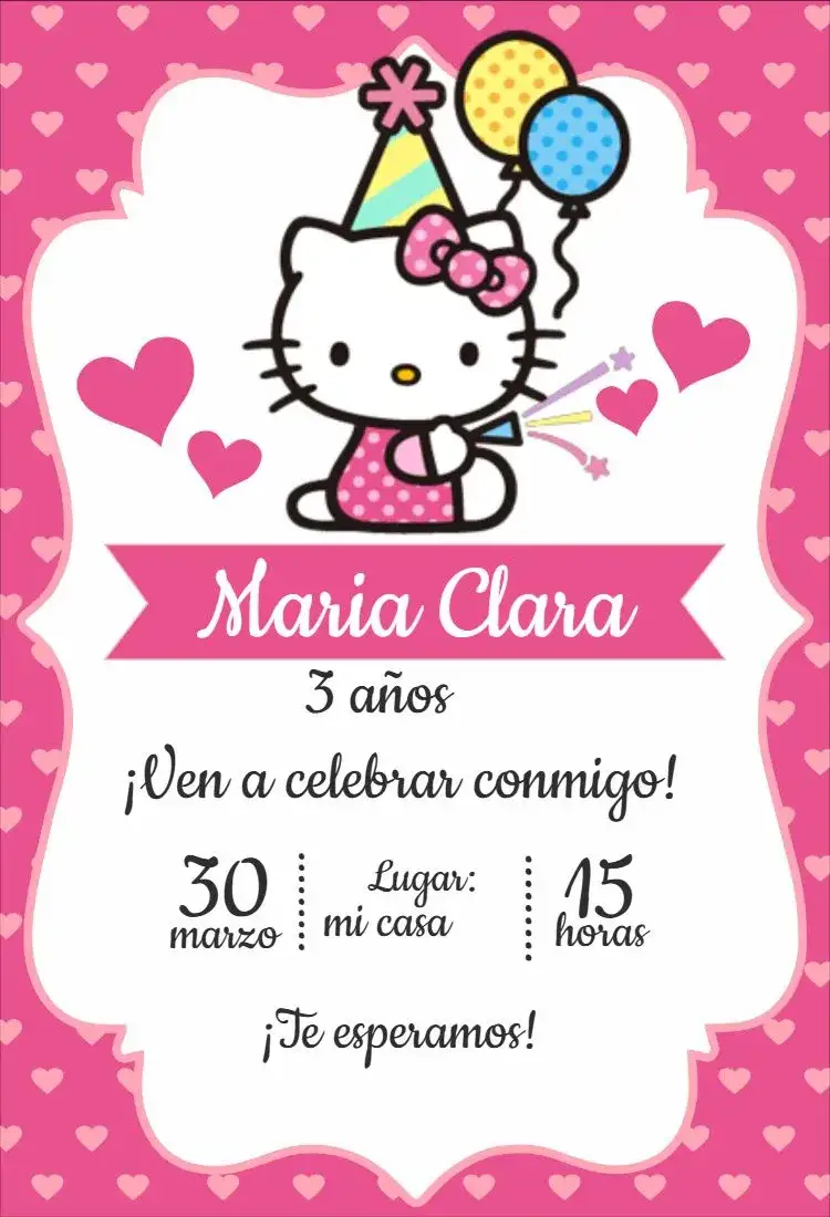 Invitación Hola Kitty 1 – tema Cumpleaños rosa, infantil, lúdico, colorido, divertido