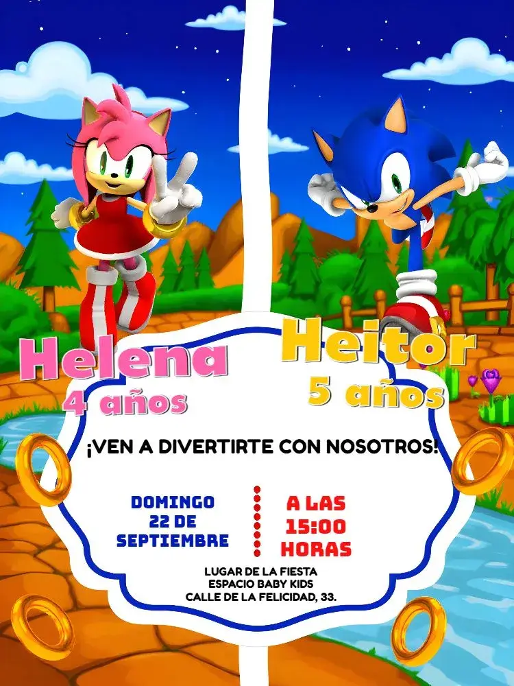 Invitación Doble Sonic y Amy Rosa Gamer