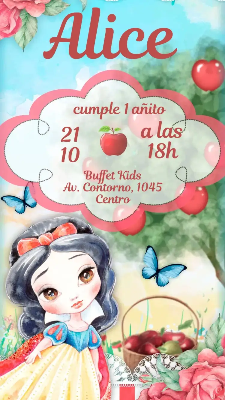 Invitación Blanca Nieves Acuarela – tema Cumpleaños Infantil acuarela, colorido, infantil, fantasía, romántico