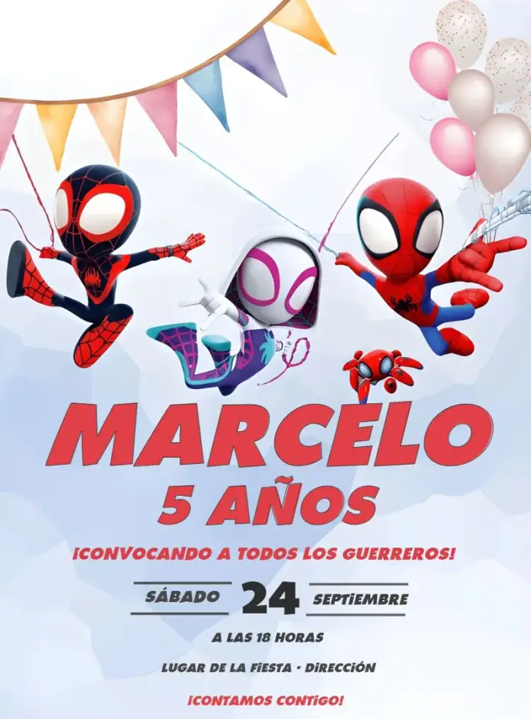 Invitación Increíble Spidey y sus Amigos Hombre – tema Más buscados rojo, negro, superhéroes, divertido, infantil, moderno