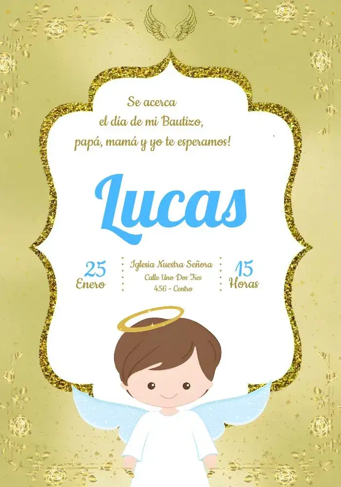 Invitación Bautizo Niño – tema Bautismo azul, dorado, angelito, brillo, moderno, sutil