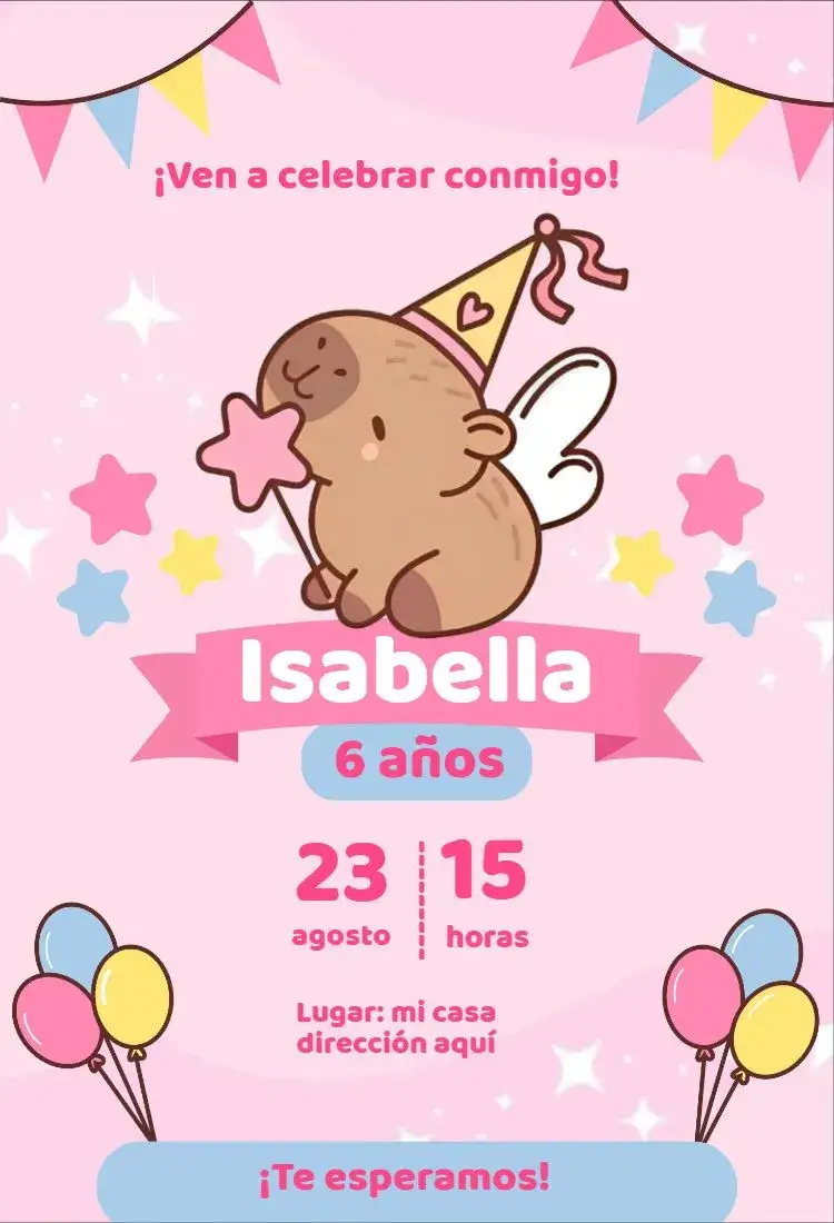 Invitación Capibara Niña Rosa – tema Cumpleaños Infantil tonos suaves, temática de princesa, estilo lúdico, elementos gráficos divertidos, diseño encantador