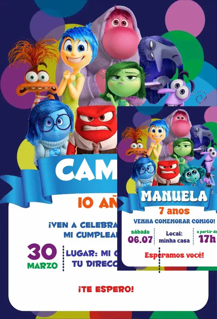 Invitación Divertida Mente 9 – tema Cumpleaños colorido, divertido, infantil, ilustraciones de emociones, estilo moderno, tema de animación