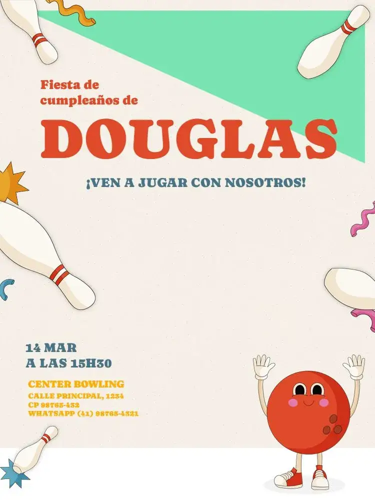 Invitación Boliche Divertido Pinos – tema Cumpleaños Infantil colorido, divertido, juego, infantil, tema de bolos, alegre