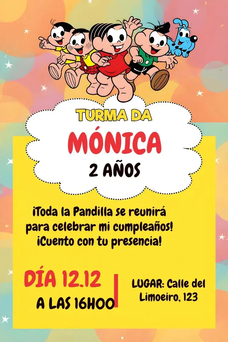 Invitación Turma De Mónica Amarillo editable y personalizable