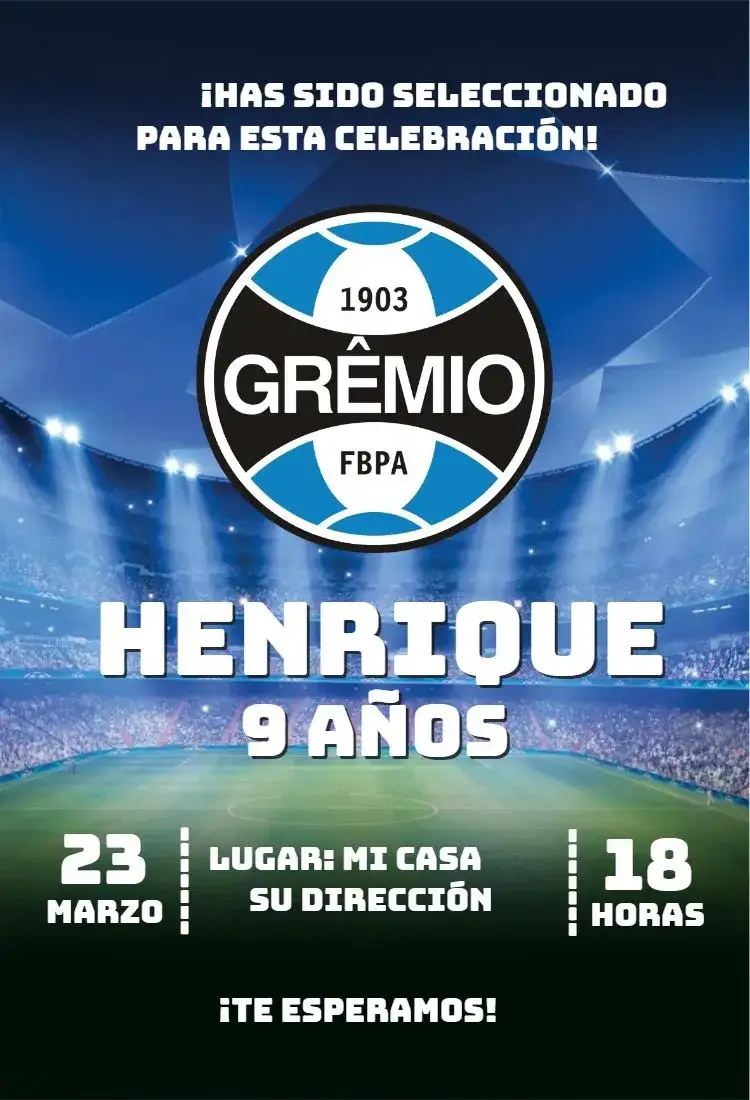Invitación Grêmio 2 – tema Cumpleaños azul y negro, fútbol, moderno, vibrante, relajado, temático