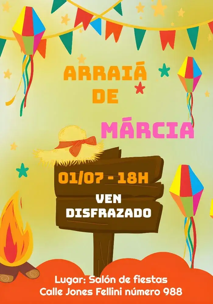 Invitación Arraiá Fiesta Junina Fogata – tema Fechas Conmemorativas colorido, vintage, tradicional, festivo, rústico, alegre