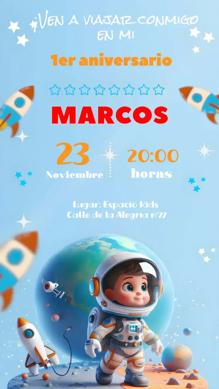 Invitación Astronauta Cohete – tema Más buscados espacio, colorido, divertido, temática espacial, futurista