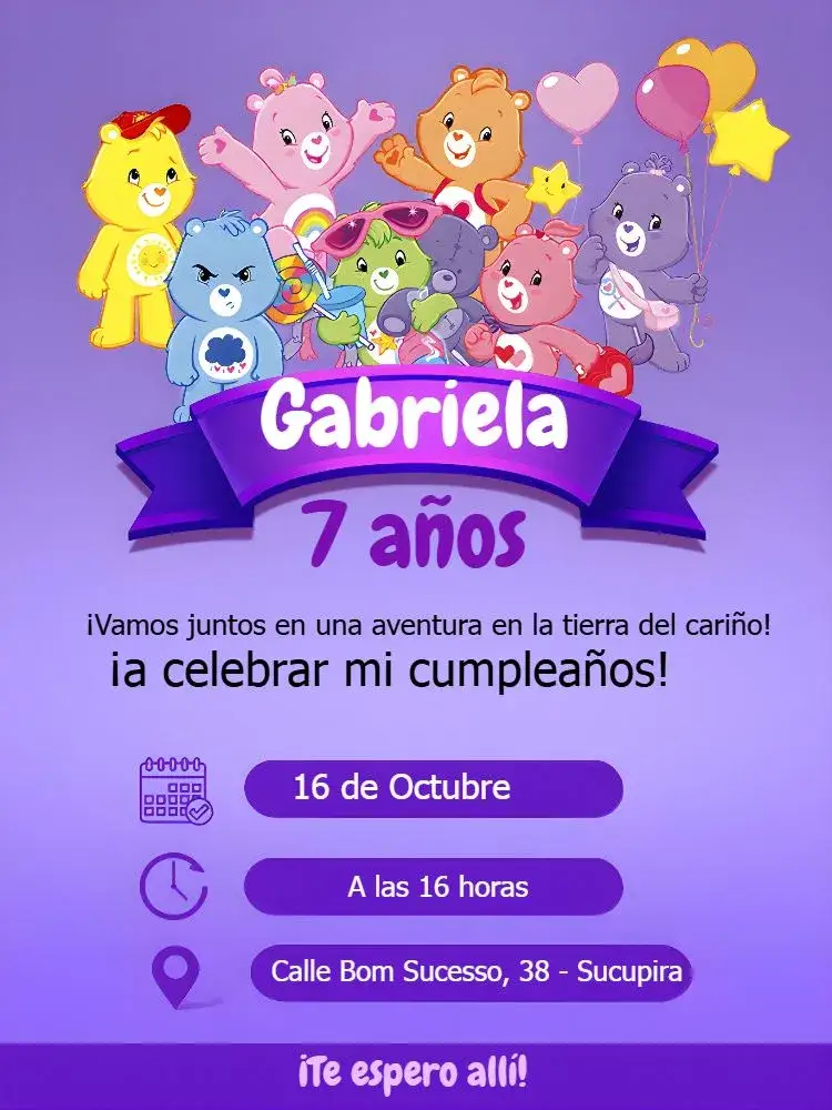 Invitación Ositos Cariñosos Lila – tema Cumpleaños Infantil lila, divertido, colorido, infantil, ilustraciones de animales, temática de ositos