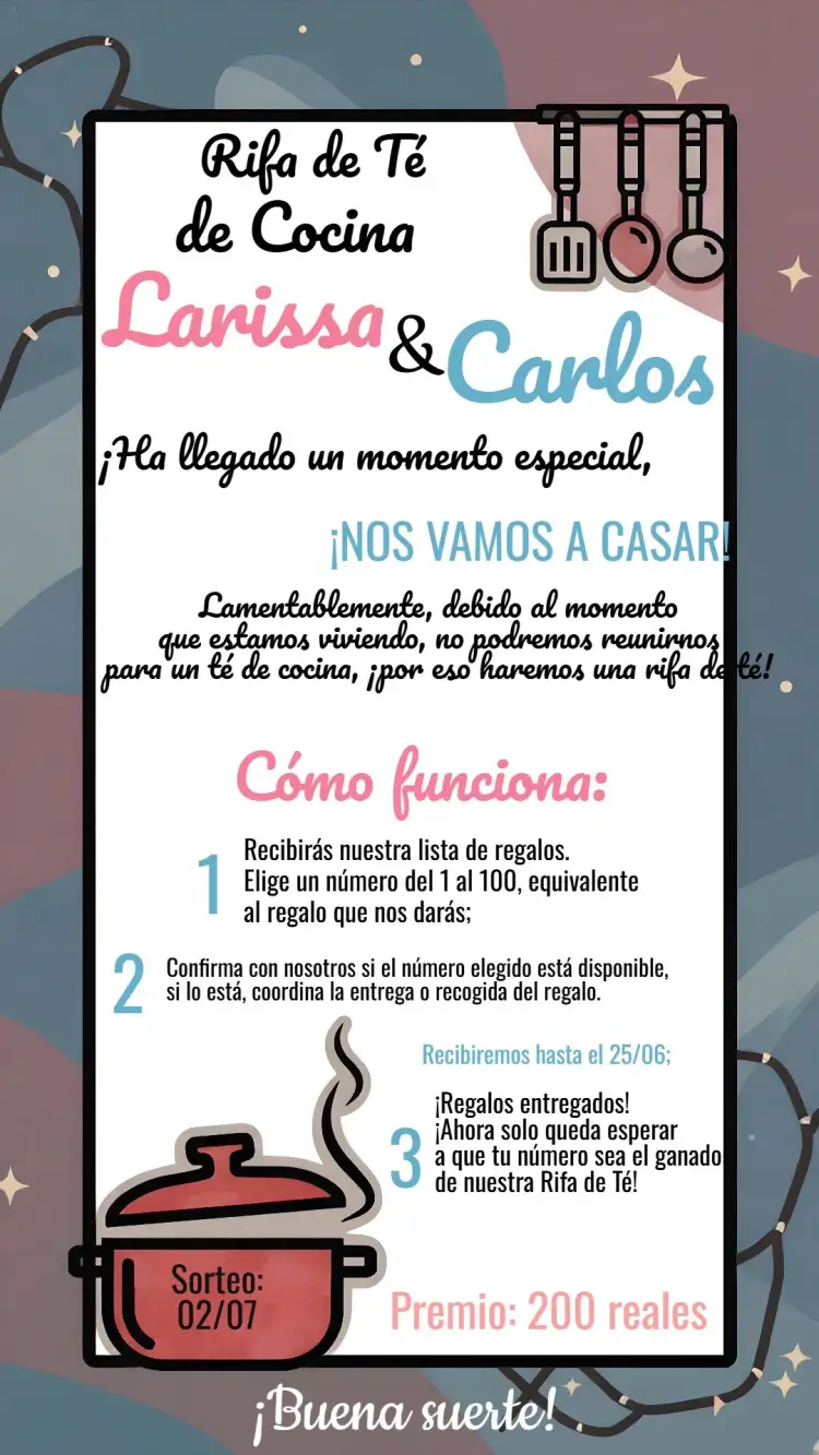 Invitación Té Rifa De Cocina Cartela – tema Despedida de Soltera rosa, azul, negro, blanco, divertido, moderno