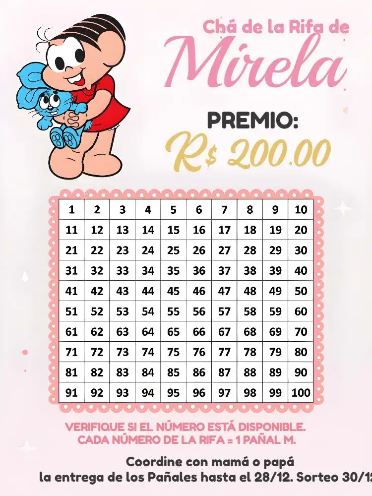 Invitación Té Rifa Turma Da Mônica Rosa – tema Cumpleaños Infantil colores pasteles, lúdico, divertido, personajes infantiles, alegre, moderno