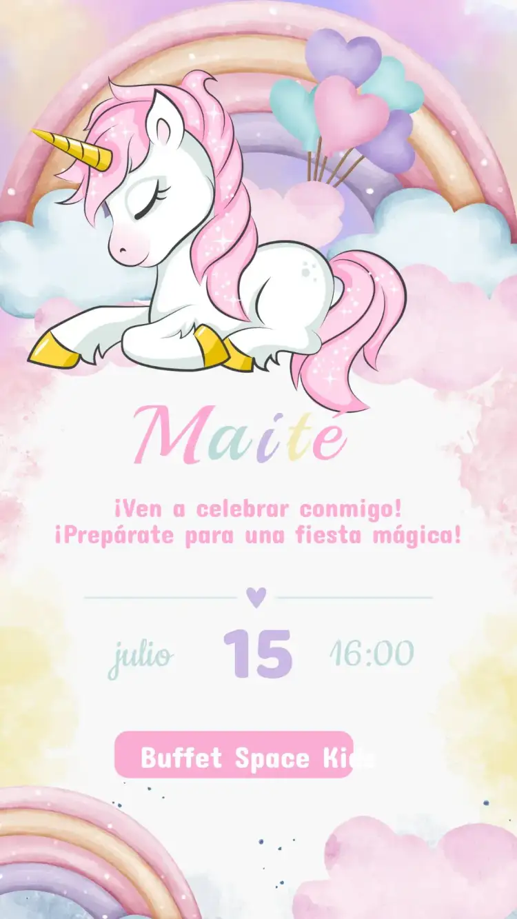 Invitación Invitación Cumpleaños Unicornio – tema Cumpleaños Infantil colores pasteles, brillo, ilustraciones lúdicas, estilo encantador, elementos mágicos, diseño divertido
