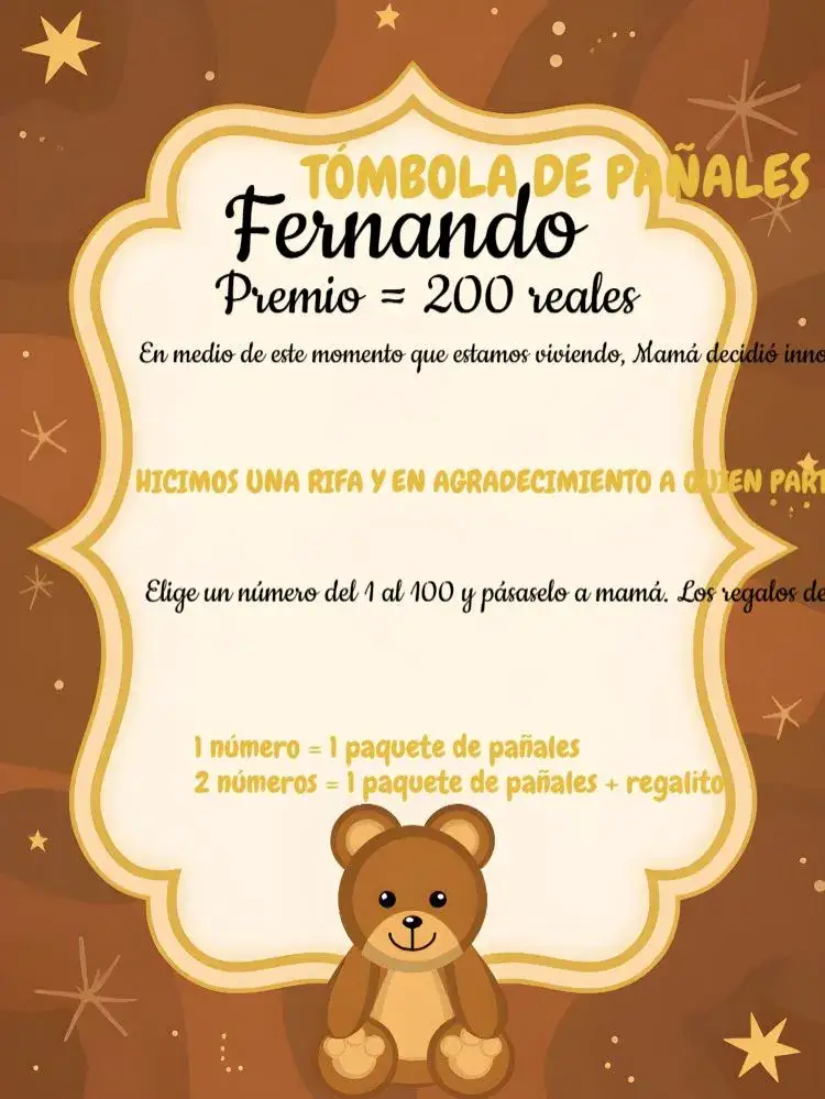 Invitación Té Rifa Osito Cha – tema Té Rifa dorado, blanco, negro, moderno, tierno, minimalista