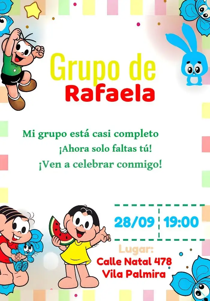 Invitación Turma Da Mónica Mónica – tema Cumpleaños Infantil colorido, infantil, divertido, temático, ilustraciones, alegre