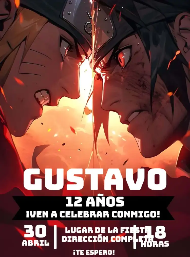 Invitación Naruto y Sasuke Caldas – tema Cumpleaños Infantil anime, colorido, moderno, joven, ninja, aventura
