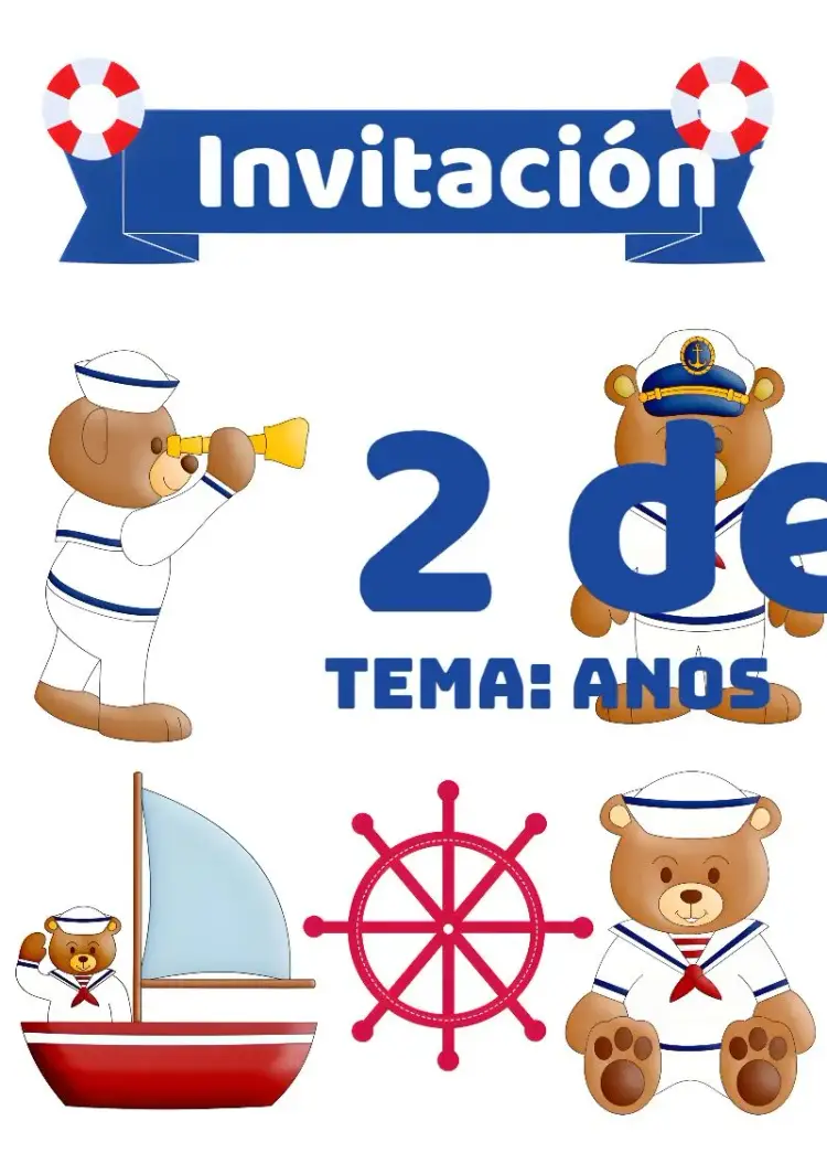Invitación Topo De Bolo Oso Marinero Topper