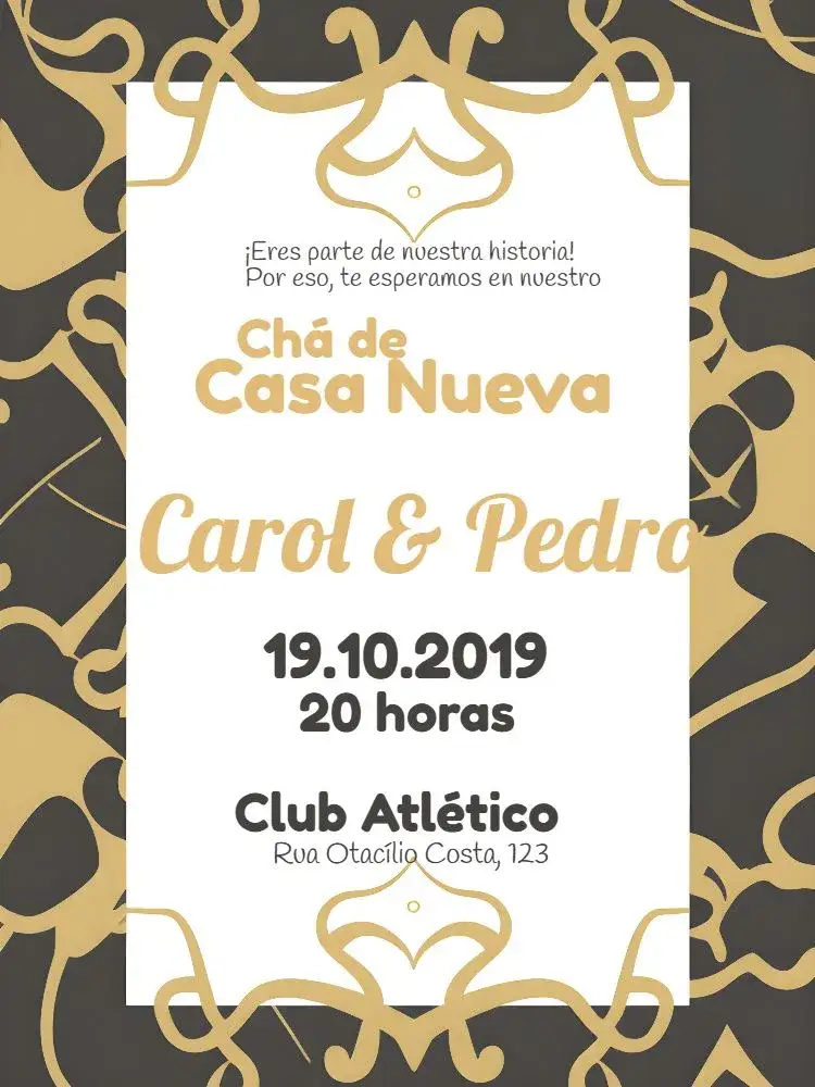 Invitación Chá De Casa Nueva Arabescos Matrimonio – tema Despedida de Soltera dorado, negro y blanco, arabescos, moderno, elegante