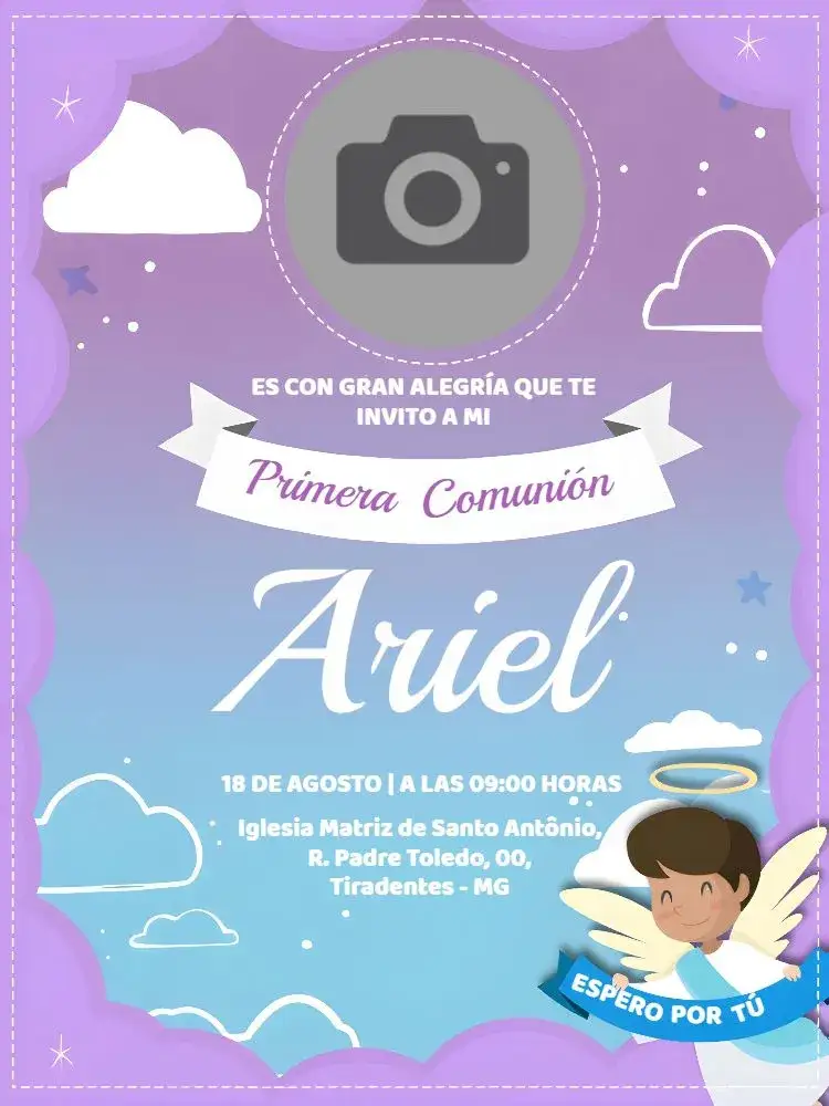 Invitación Primera Comunión Con Foto Iglesia – tema Primera Comunión púrpura, religioso, delicado, moderno, elegante, espiritual
