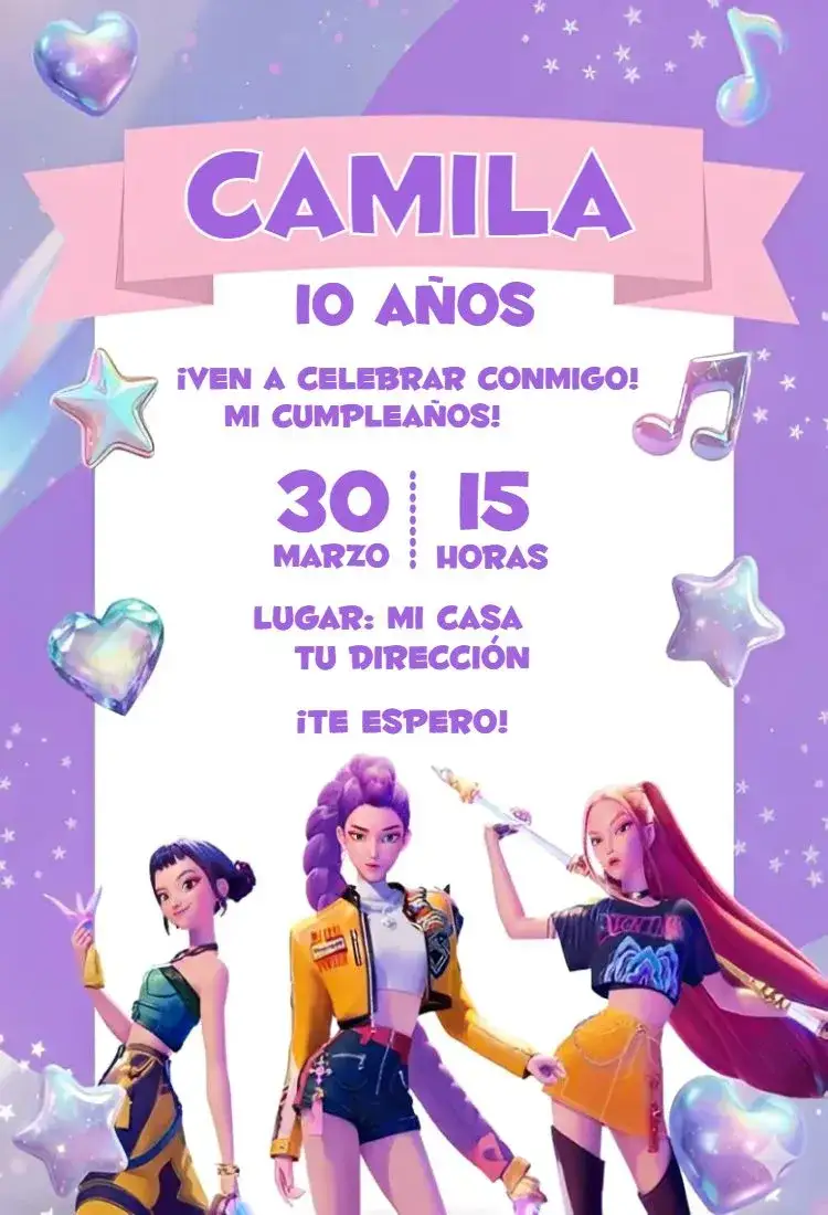 Invitación Guerreras del Kpop 2 – tema Cumpleaños colorido, moderno, pop art, brilhoso, divertido, jovial