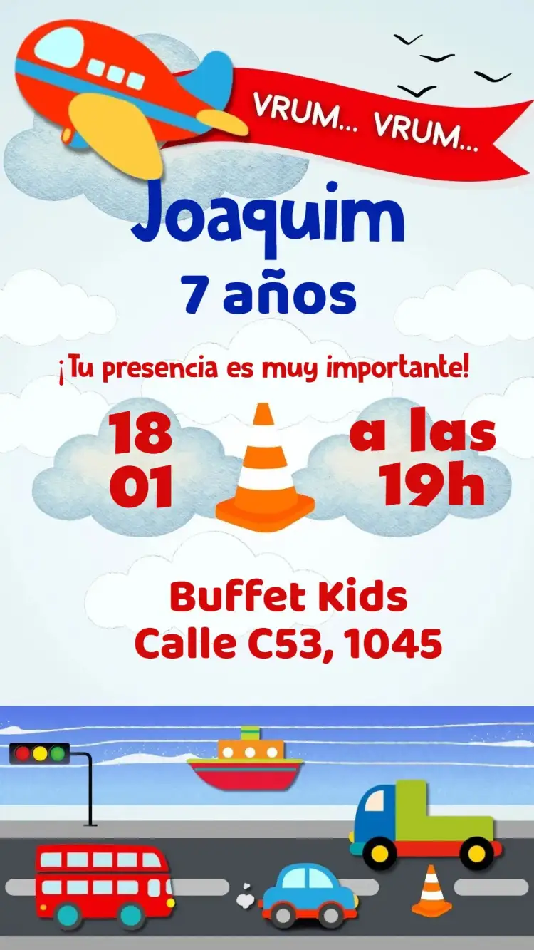 Invitación Transporte – tema Cumpleaños Infantil colorido, divertido, aventura, temático, infantil, ilustraciones de transporte