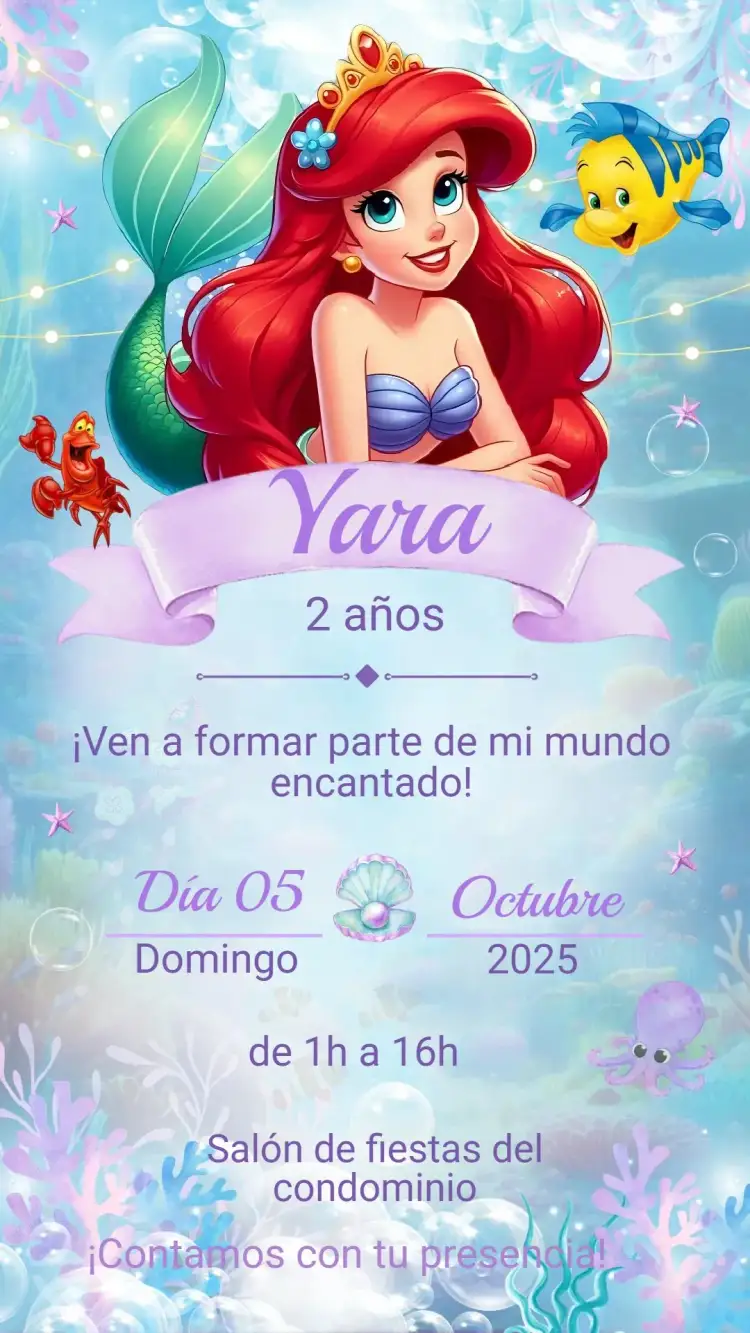 Invitación Invitación Cumpleaños LA SIRENITA – tema Cumpleaños Infantil colores vibrantes, elementos marinos, diseño lúdico, inspirado en sirenas, estilo infantil, atmósfera mágica