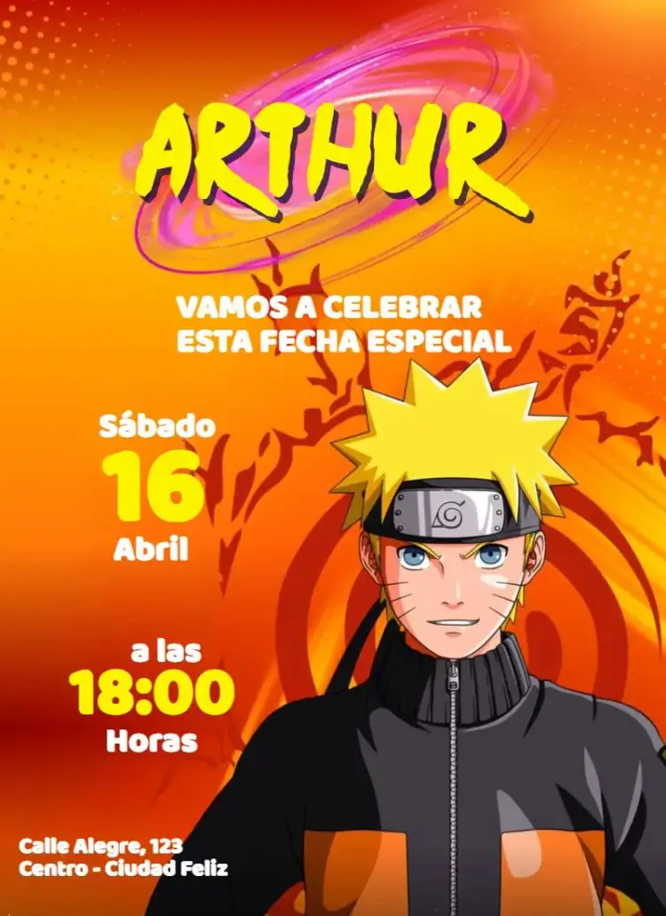 Invitación Sello de Naruto – tema Cumpleaños Infantil colorido, animado, ninja, jovial, aventura, mágico