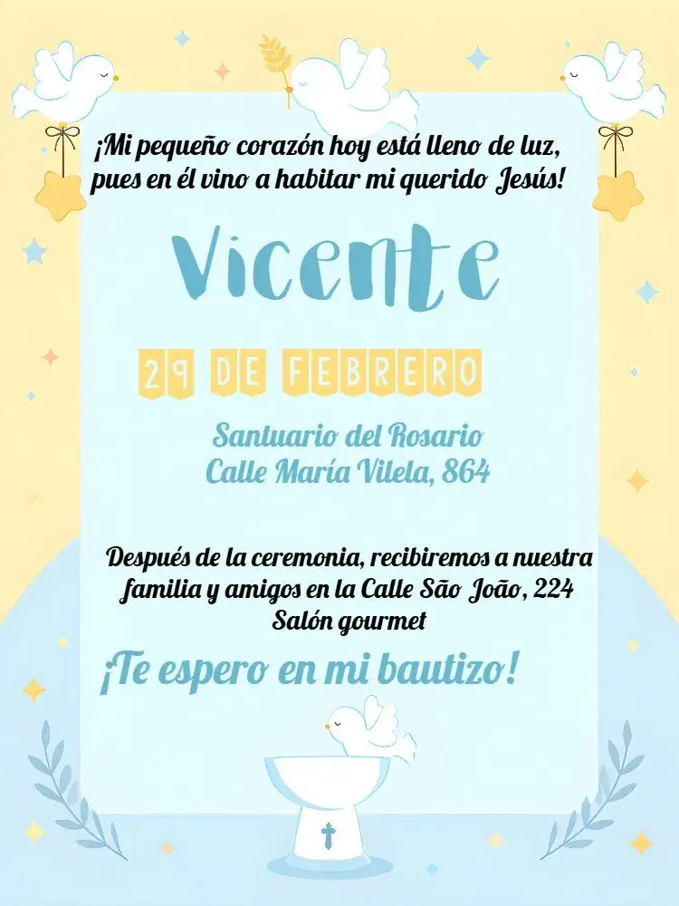 Invitación Bautizo Bebé – tema Primera Comunión colorido, angelitos, minimalista, infantil, blanco y azul