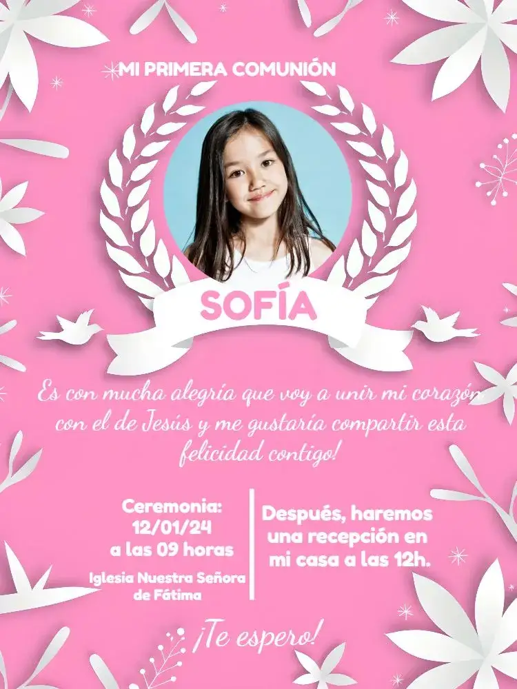 Invitación Primera Comunión Rosa Con Foto Eucaristía – tema Primera Comunión rosa, delicado, moderno, elegante, infantil