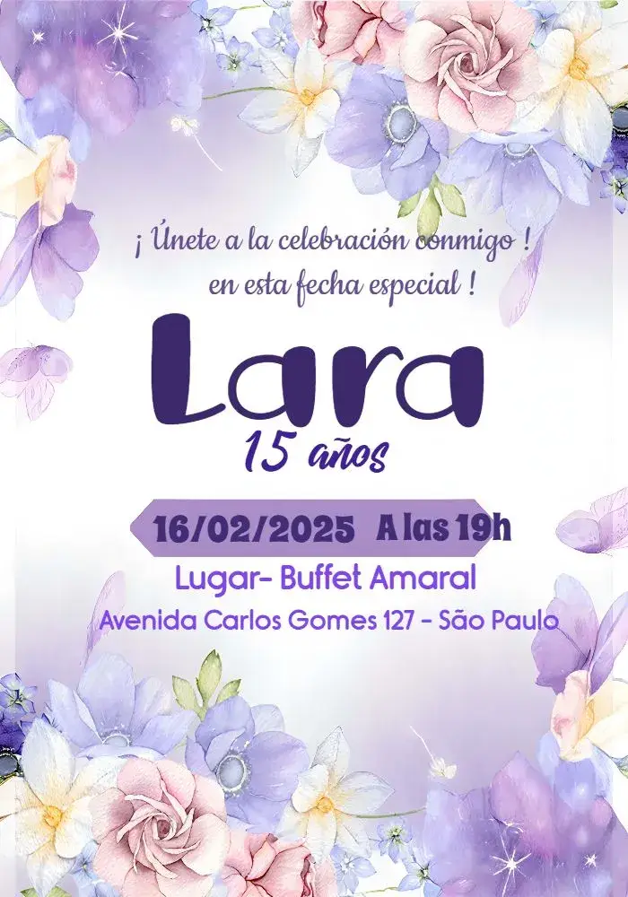 Invitación 15 Años Floral Lila editable y personalizable