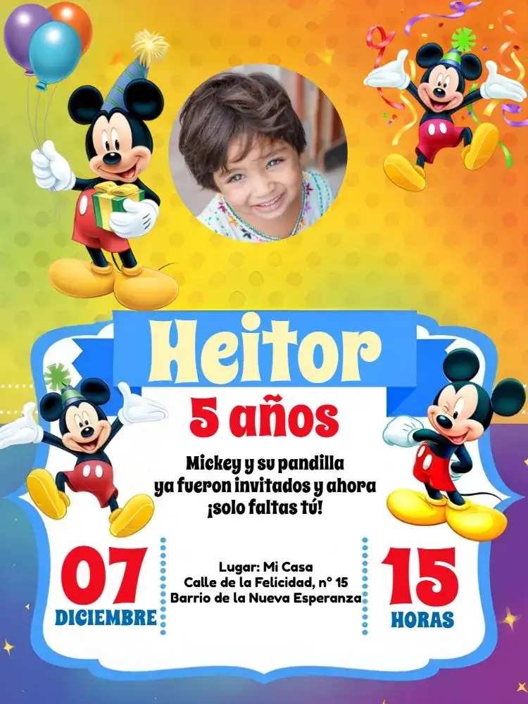Invitación Mickey Mouse Con Foto Ratón – tema Más buscados divertido, colorido, infantil, temático, animado