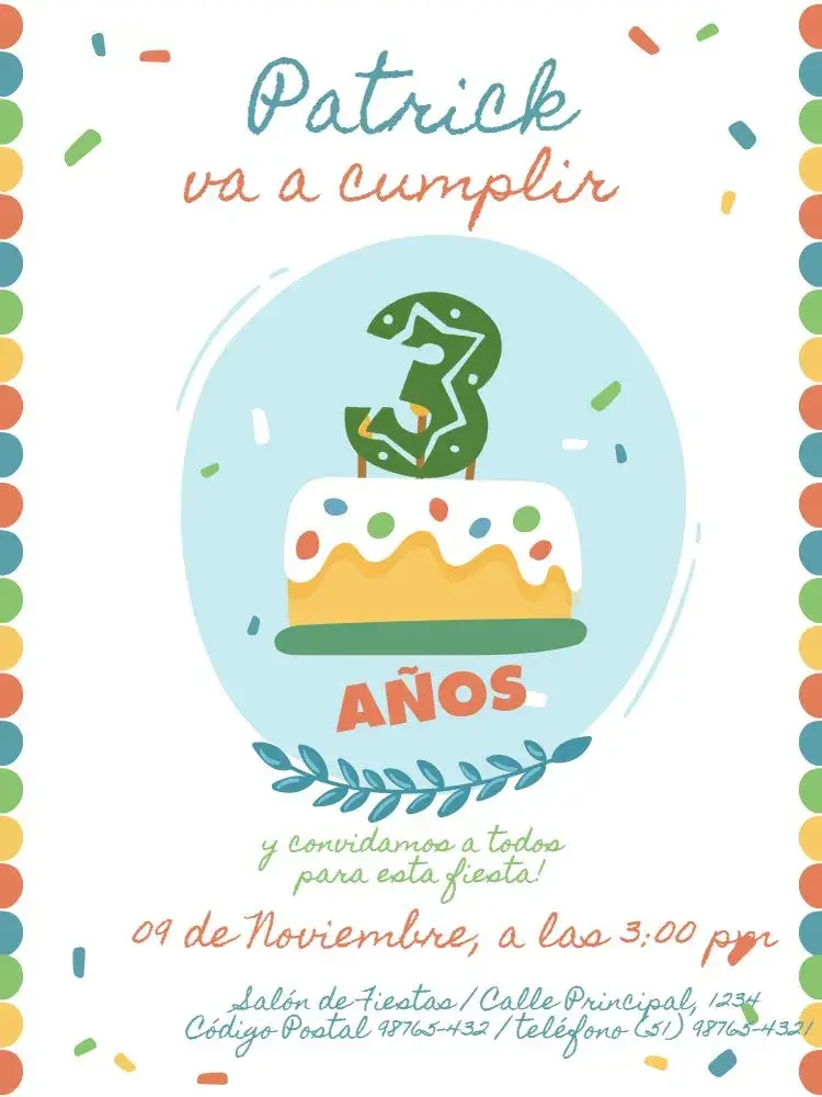 Invitación 3 Años Niña Colorida