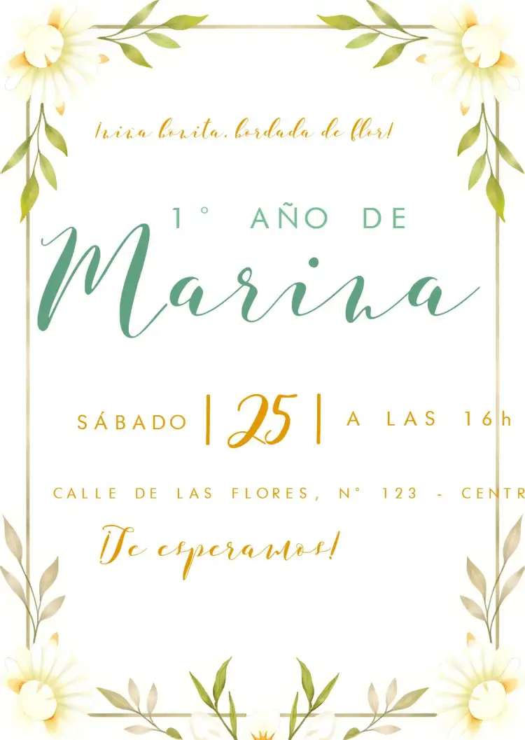 Invitación Margarita Floral Verde – tema Fechas Conmemorativas floral, aquarela, dorado, verde, infantil, alegre