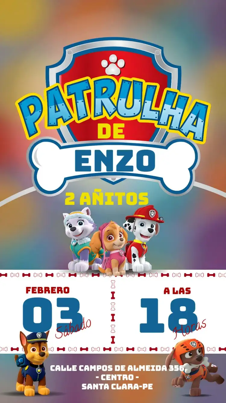 Invitación Patrulla Canina Perros – tema Cumpleaños Infantil colorido, divertido, temático, infantil, animado, ilustrativo