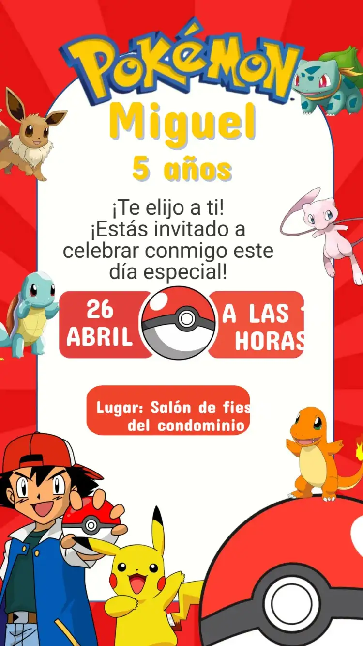 Invitación Invitación Cumpleaños Pokémon – tema Cumpleaños Infantil colorido, divertido, fantástico, jovial, jogos, ilustraciones animadas