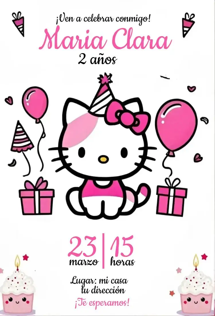 Invitación Hello Kitty 4 – tema Cumpleaños rosa, infantil, temática Hello Kitty, divertido, colorido