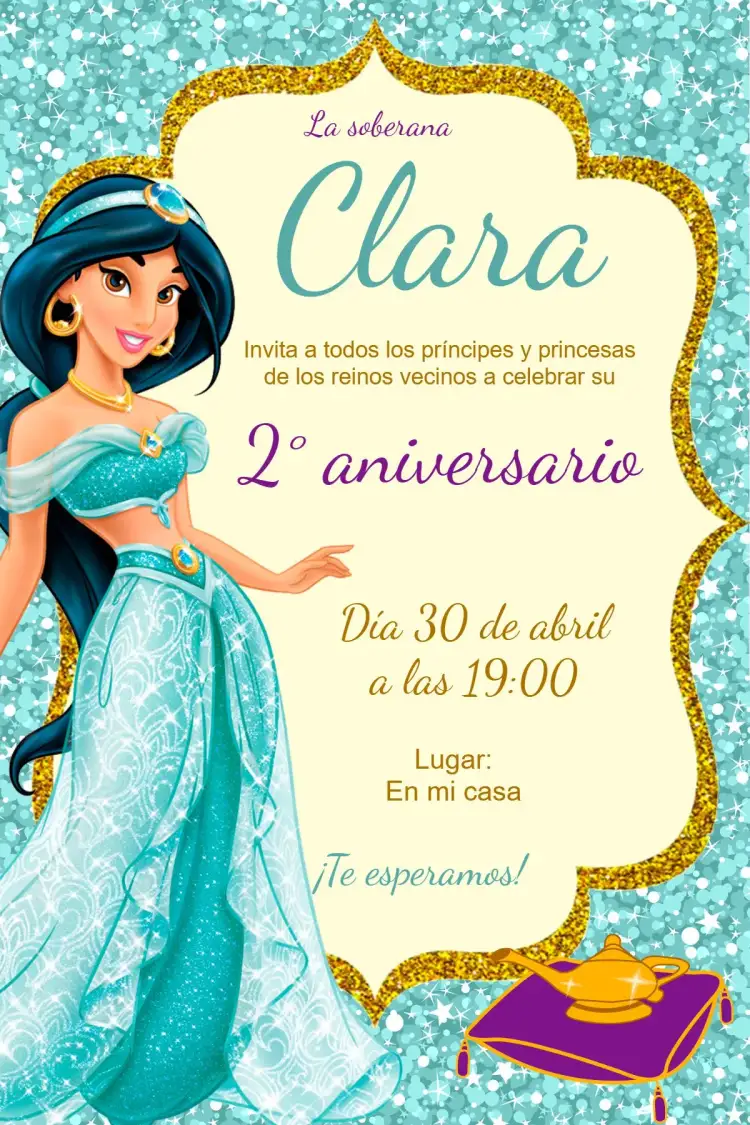 Invitación Princesa Jasmine – tema Más buscados colores vibrantes, estilo árabe, elementos gráficos mágicos, tonos de rosa y azul, detalles dorados, inspirado en cuentos de hadas