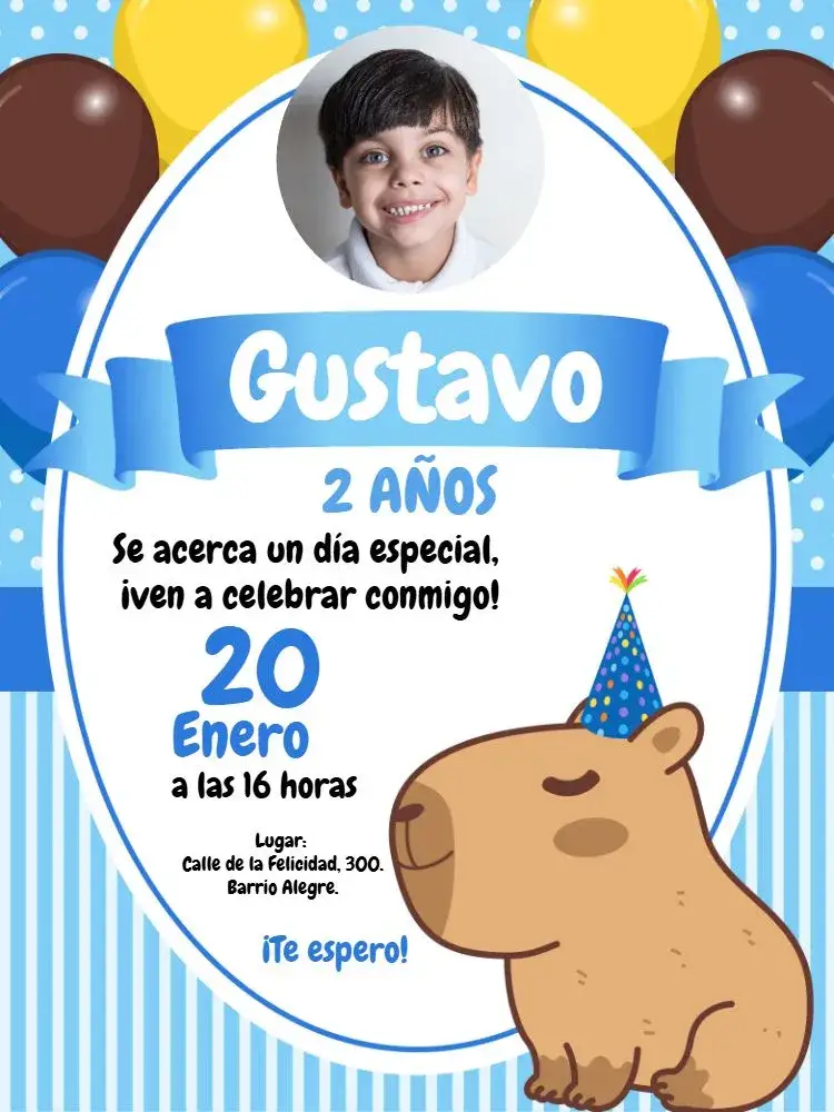 Invitación Capibara Azul Niño Con Foto Infantil – tema Cumpleaños Infantil azul, animal, divertido, infantil, natureza, colorido