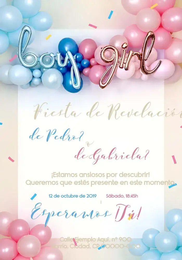 Invitación Baby Shower de Revelación Niño o Niña – tema Revelación Bebé moderno, colorido, alegre, divertido, minimalista