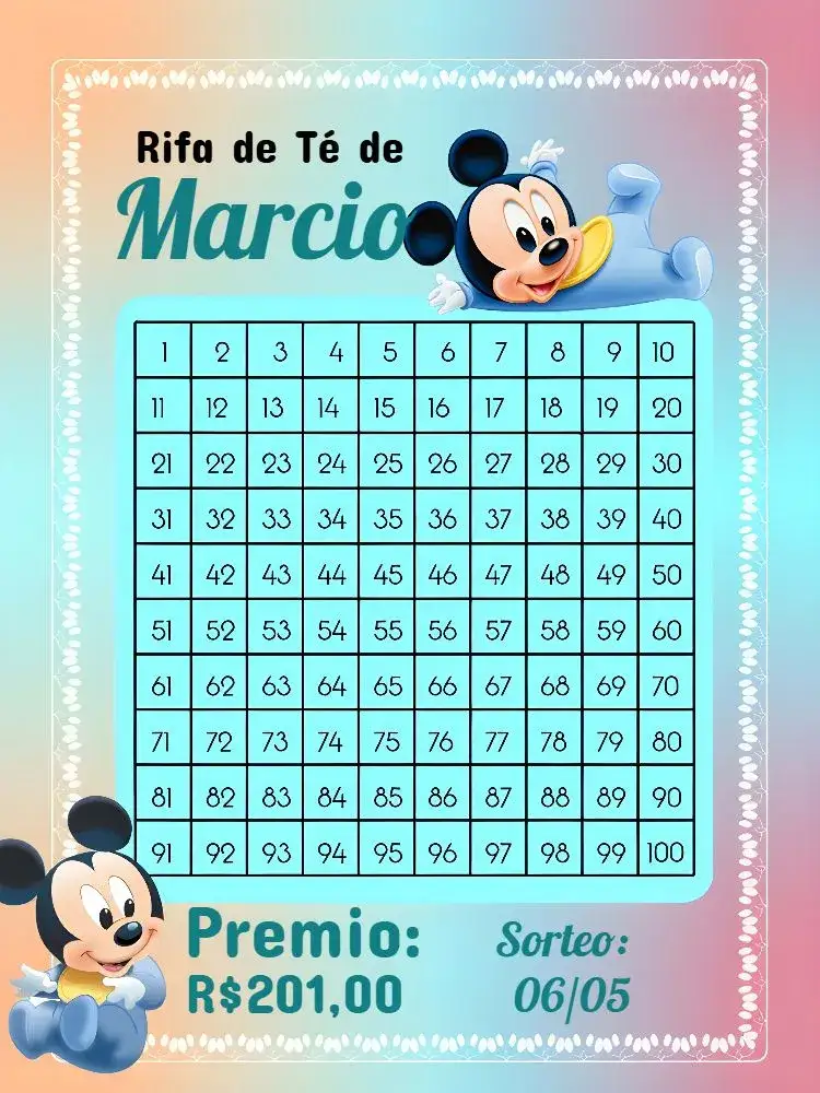 Invitación Té Rifa Mickey Baby Cartela – tema Té Rifa Mickey Mouse, azul y amarillo, divertido y lúdico, infantil, moderno, temático